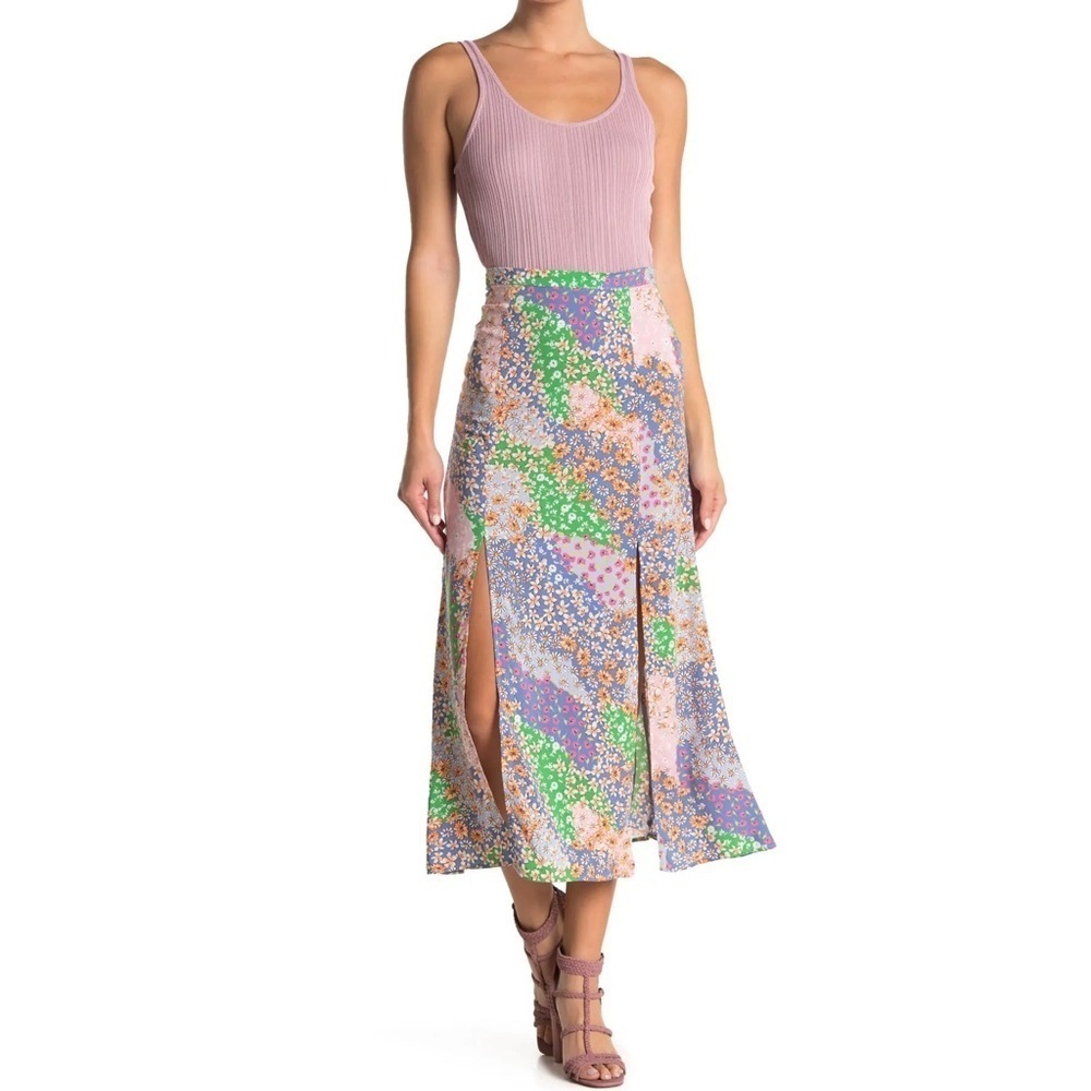 Topshop Austin Patchwork Floral Slit Midi Skirt Size 2